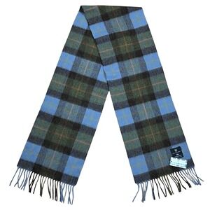 NEW Islander 100% Lambswool Rectangular Fringe Scarf Blue Brown Plaid